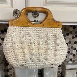 Vintage 70s Macrame Purse Handbag Boho Hippie Lined Bag Faux Wood Handles